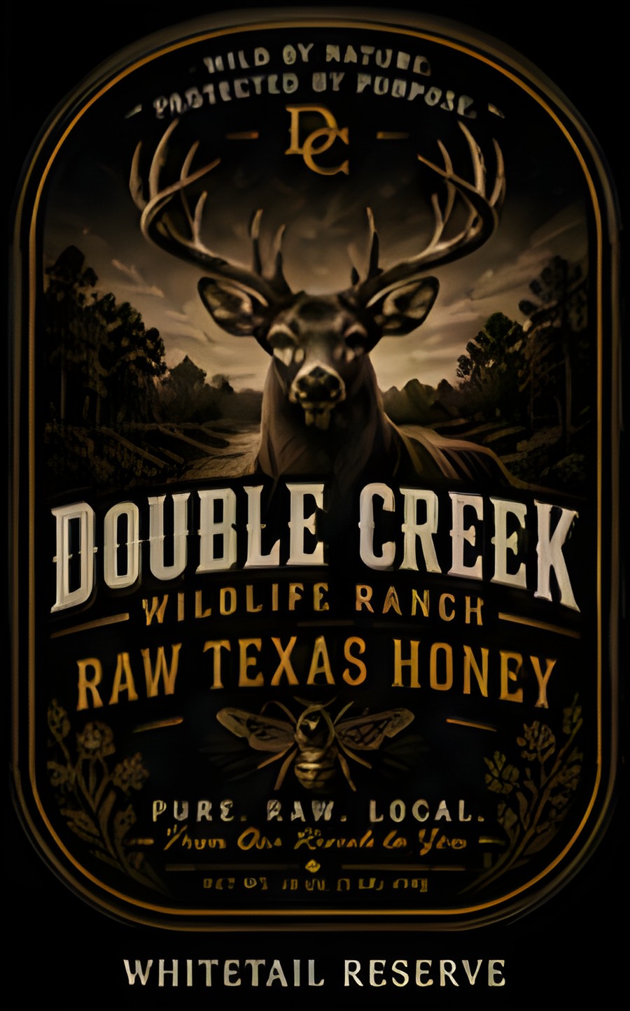 Whitetail Reserve raw Texas honey label — whitetail buck under the Double Creek crest