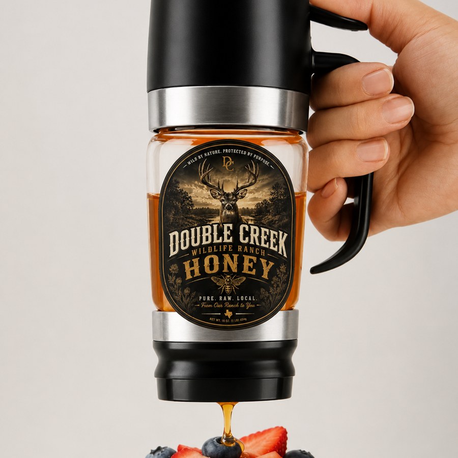 Double Creek 12 oz no-drip honey dispenser drizzling raw honey over pancakes