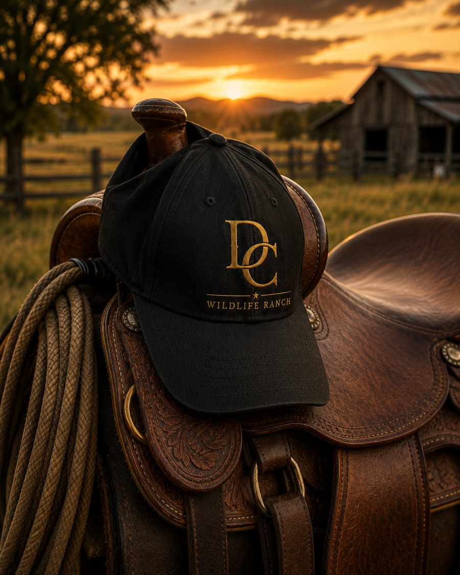 Black Double Creek cap with gold DC embroidery resting on a tooled saddle at sunset