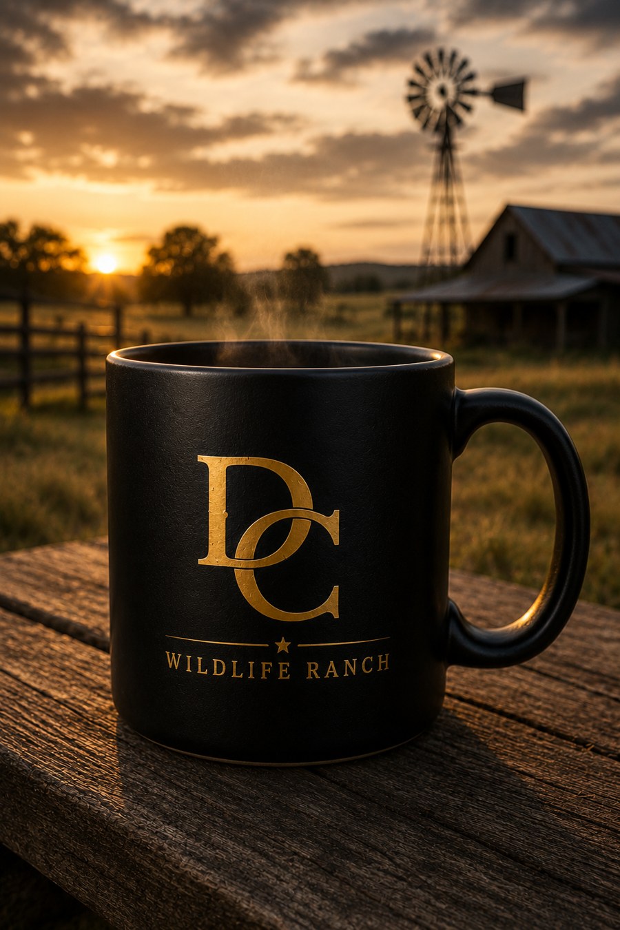 Black Double Creek mug with gold DC crest, steaming at sunrise with the windmill behind