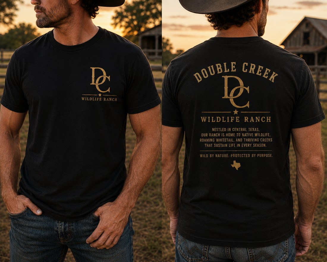 Double Creek Wildlife Ranch t-shirt, DC crest front and ranch story back, worn at golden hour