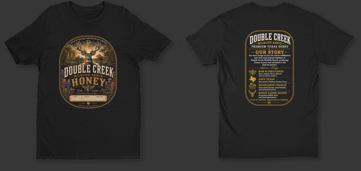 Double Creek honey label t-shirt, front label art and Our Story back print