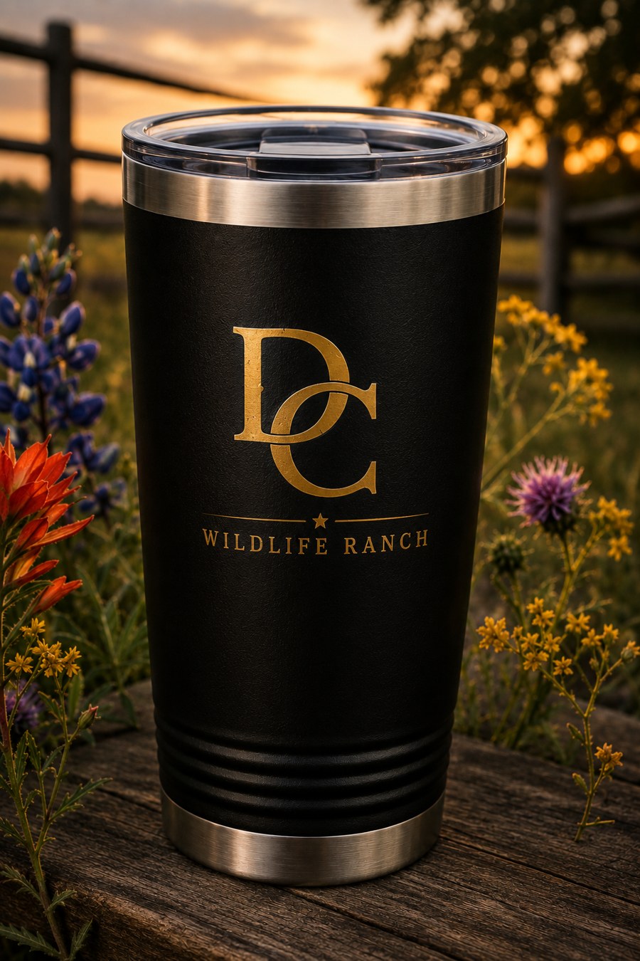 Black insulated Double Creek tumbler with gold DC crest among Texas wildflowers at sunset
