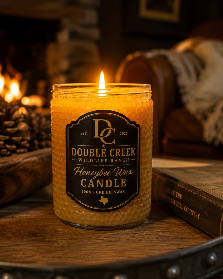 Double Creek pure beeswax candle burning fireside, honeycomb-textured jar