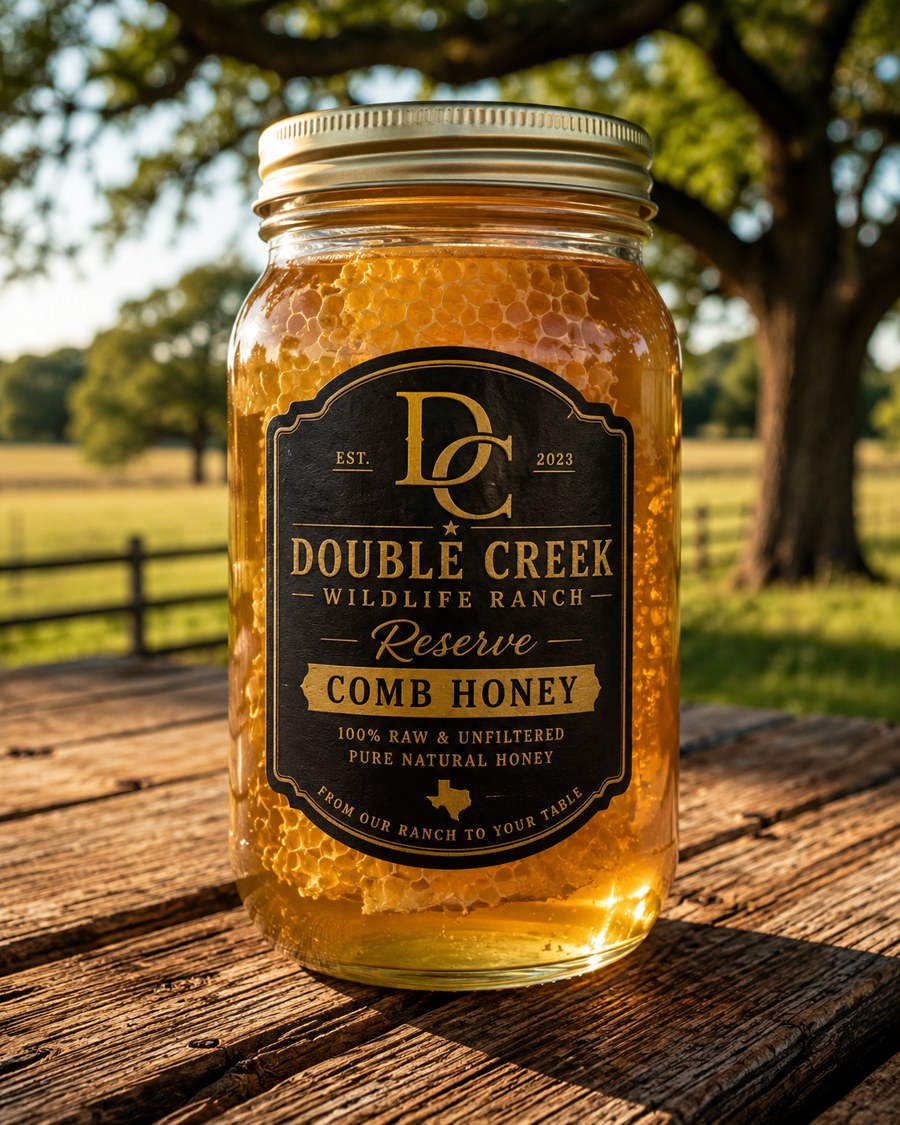 Double Creek Reserve comb honey — full honeycomb suspended in a quart jar, sunlit on the ranch table