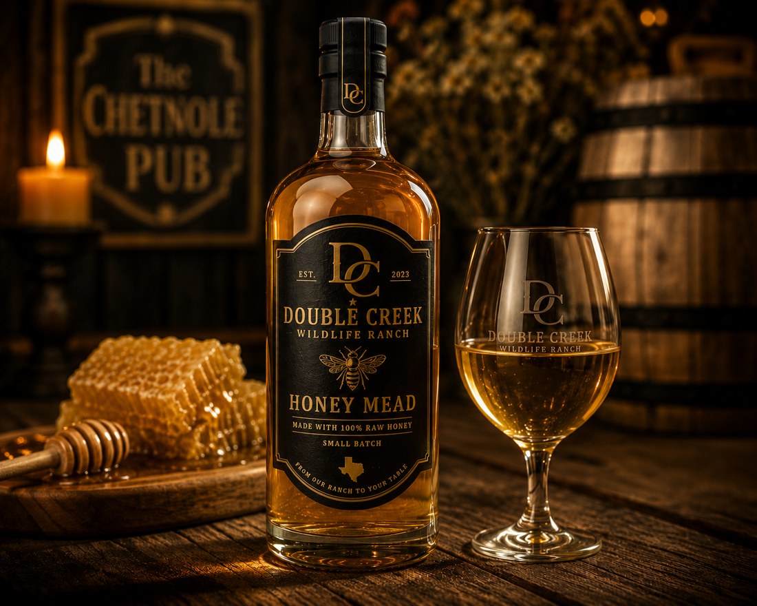 Double Creek honey mead — bottle and branded glass by candlelight with raw honeycomb
