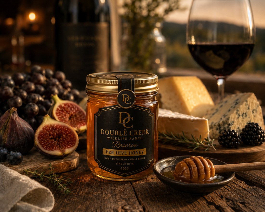 Double Creek Reserve per-hive honey — single-hive jar with wine, cheese, and figs at golden hour