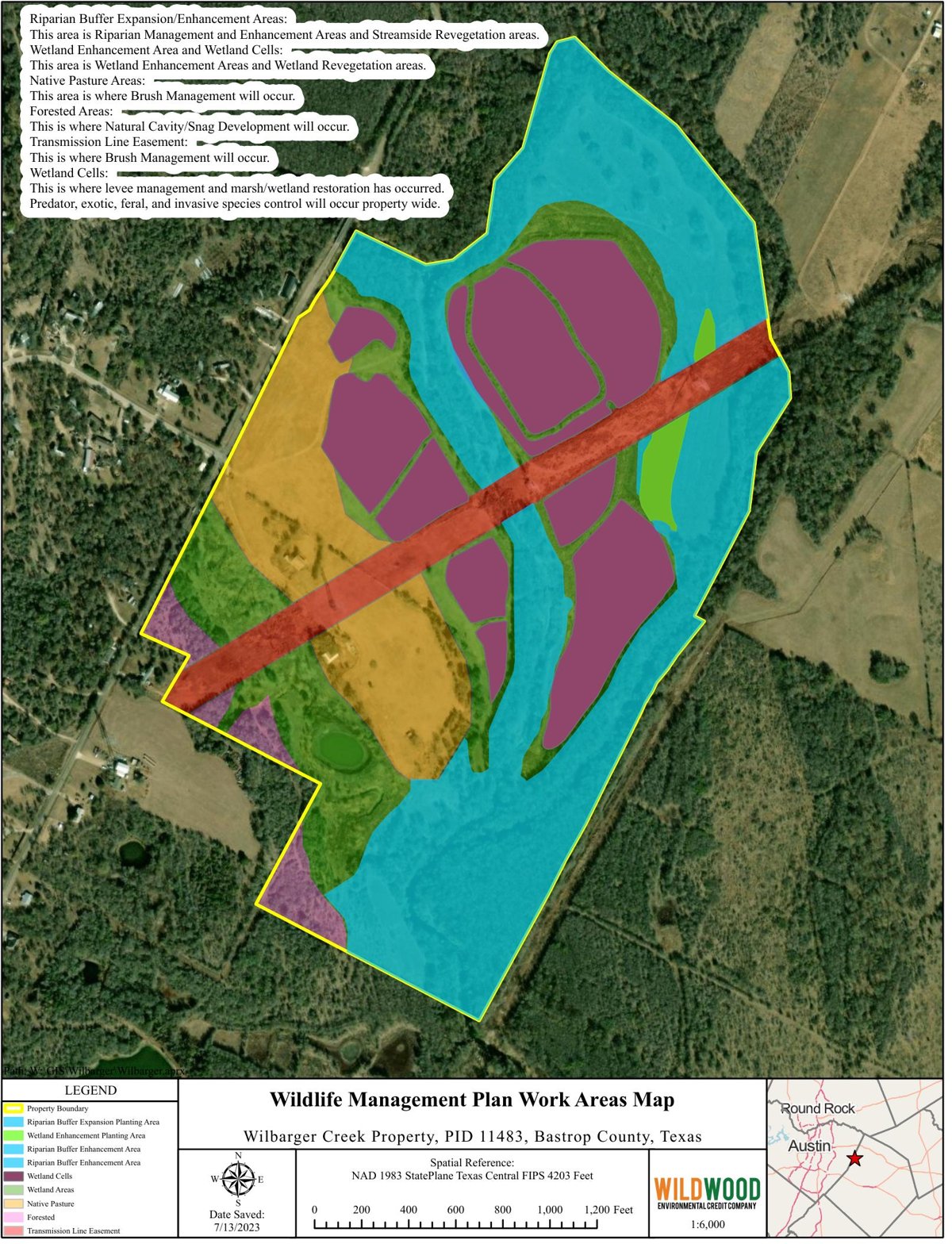 Wildlife Management Plan work areas map — riparian buffers, wetland cells, native pasture, and forested areas color-coded across the property